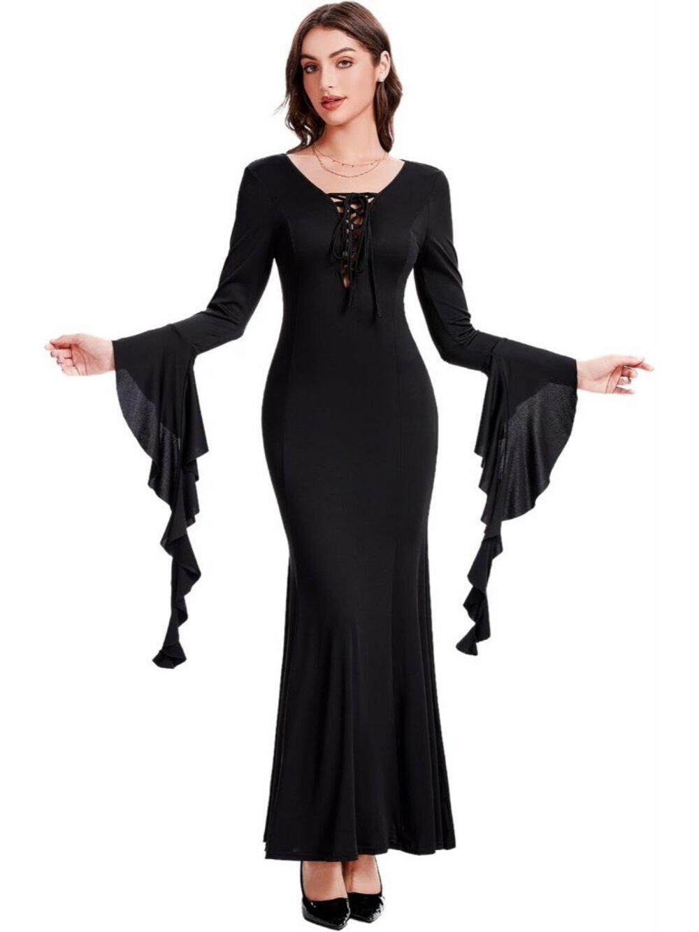 Women's Black Lace up Vampire Witch Costume Long Sleeve Halloween Costume Maxi